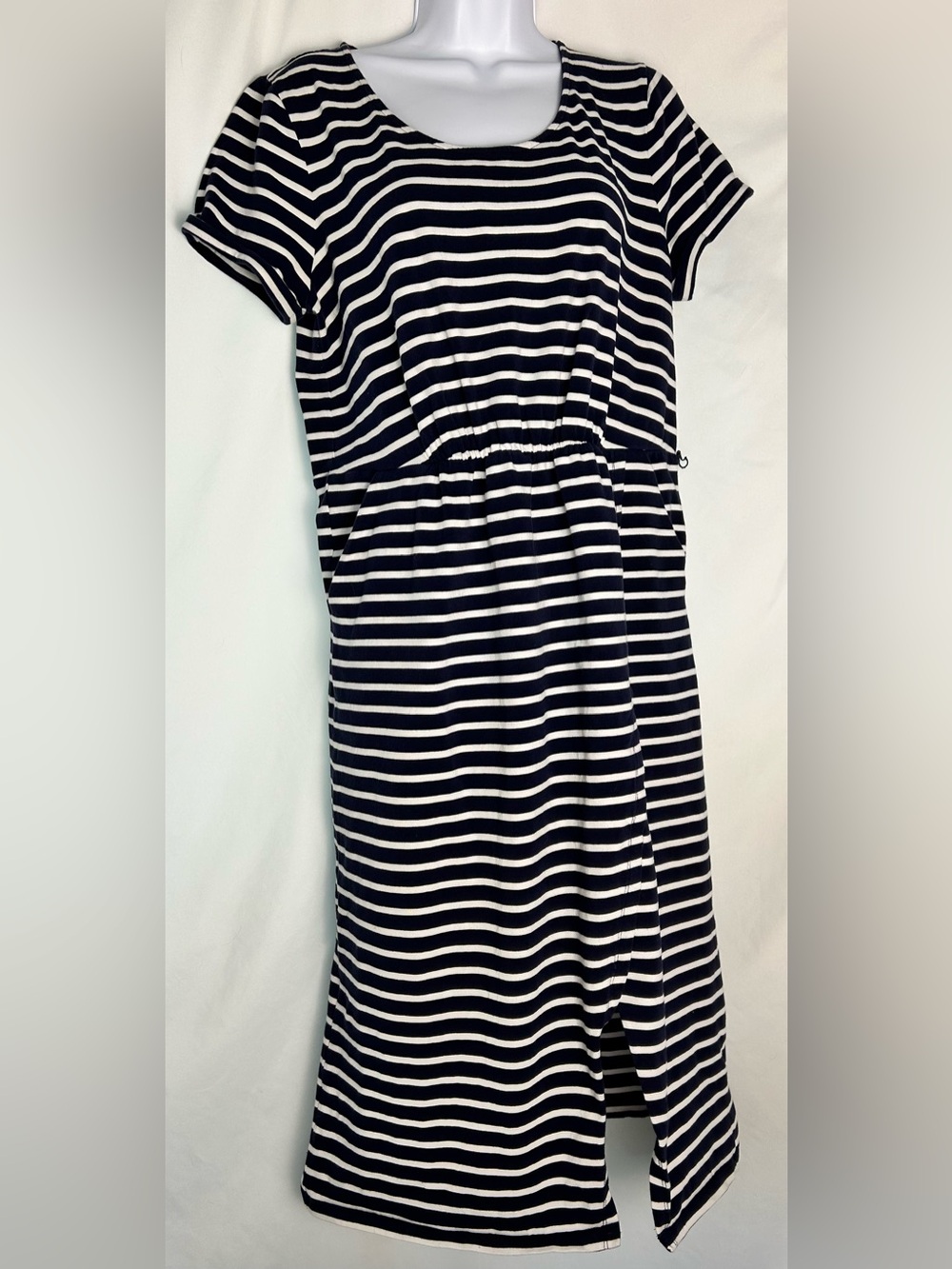 Boden Navy White Striped Jersey Dress Gathered Waist Size 12
